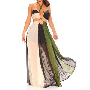 NWT The Sang Sheer Cut Out Color Block Halter Maxi Dress Olive Multi Sz Small